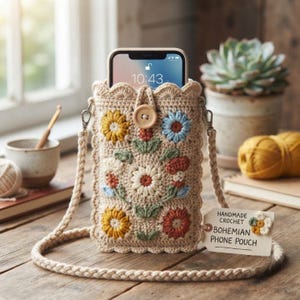 Crochet Phone Bag Pattern, Boho Floral Phone Pouch Crochet Pattern, Crossbody Cell Phone Purse, TheHappyMakerGifts Beginner Crochet Pattern,