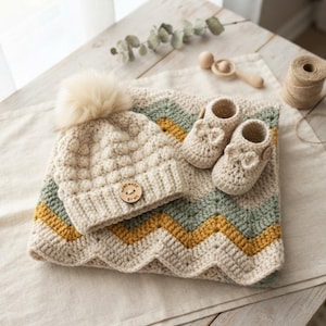 Hand Crochet Chevron Baby Blanket and Hat Set with Faux Fur Pom, Unisex Neutral Baby Gift, New Mother Nursery Accessory, Shower Present