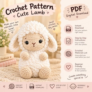 Könnte beinhalten: Eine digitale Häkelanleitung für ein Lamm mit dem Text: Crochet Pattern Cute Lamb, PDF Digital Download, Instant Download, Step-by-Step Instructions, Detailed Materials List, Beginner Friendly und Create something special.