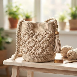 Handmade Crochet Floral Bucket Bag | Boho Knit Shoulder Bag with Tassel & Braided Strap | Aesthetic Beige Hobo Purse, Gift for Her