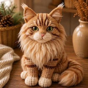 Könnte beinhalten: Eine gehäkelte orangefarbene getigerte Katzenfigur mit langem, strukturiertem Garnfell, spitzen Ohren mit Büscheln und leuchtend grünen Augen. Die Katze hat eine cremefarbene Schnauze und Brust, dunkelorange Streifen und eine rosa Nase.