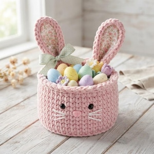 Crochet Easter Basket with Bunny Ears, Personalized Pink Bunny Basket for Kids, Handmade Plush Yarn Storage Tote, Nursery Gift