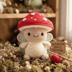 Könnte beinhalten: Eine gehäkelte Pilz-Wichtel-Puppe mit rotem Hut mit weißen Punkten, einem cremefarbenen Körper und hellgrünen Flügeln. Ein kleines rechteckiges Schild trägt die Aufschrift MUSHROOM SPRITE PATTERN, dazu eine Häkelnadel aus Holz und rotes Garn.