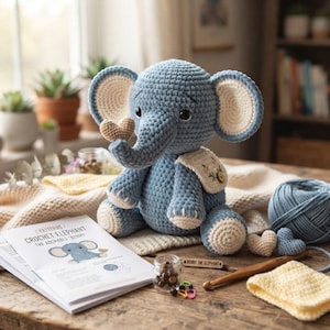 Könnte beinhalten: Ein gehäkelter blauer Elefant mit großen cremefarbenen Ohren, der ein kleines Herz im Rüssel hält. Er trägt ein kleines Lätzchen mit Blumenstickerei und einem Knopf. Daneben liegt ein Anleitungsheft mit dem Titel Crochet Elephant The Adorable Benny.