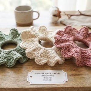 May include: Three crocheted hair scrunchies in sage green, cream, and dusty rose, each featuring a scalloped petal-like edge. A white rectangular tag in front displays the text: Boho-Bloom Scrunchie | Handmade | Cotton | ₹199.00.