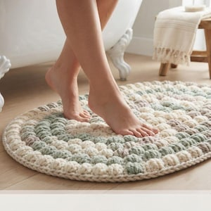 Handmade Crochet Bath Mat, Oval Pebble Bath Rug, Chunky Textured Floor Mat, Coastal Bathroom Decor, Soft Spa Decor Gift, Washable Rug