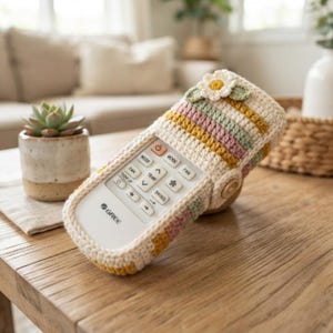 Handmade Crochet Remote Control Cover, Floral AC Remote Holder Sleeve, Striped TV Controller Case, Boho Living Room Decor, Aesthetic Gift