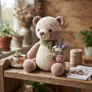 Crochet Teddy Bear Pattern PDF, Amigurumi Bear with Lavender Flower, Crochet Animal Pattern, Stuffed Bear Tutorial, Easy Amigurumi Pattern