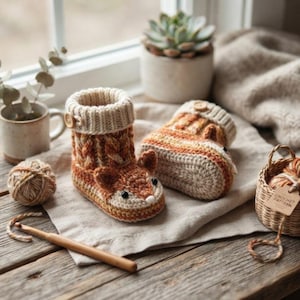 Crochet Fox Baby Booties Pattern | Handmade Knit Winter Shoes for Newborns | Cute Woodland Animal Infanted Socks, Warm Toddler