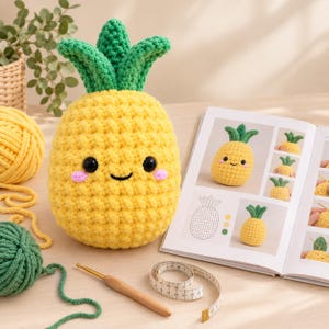 May include: A crocheted pineapple plush toy with a yellow textured body, green leafy top, black eyes, and pink cheeks. Beside it are yellow and green yarn balls, a wooden crochet hook, a measuring tape, and an open instructional craft book.
