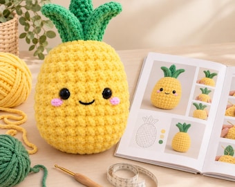 May include: A crocheted pineapple plush toy with a yellow textured body, green leafy top, black eyes, and pink cheeks. Beside it are yellow and green yarn balls, a wooden crochet hook, a measuring tape, and an open instructional craft book.