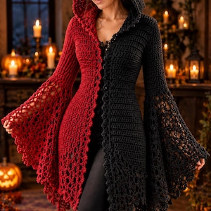 May include: A long-sleeved hooded cardigan featuring a split-color design with one side in solid red and the other in solid black. The garment is crafted with a crochet stitch, including flared bell sleeves and a decorative openwork lace hem.