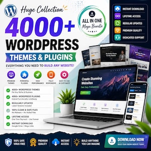 May include: A digital marketing graphic for a bundle of 4000+ WordPress themes and plugins. The image features a laptop and smartphone displaying website templates, a potted plant, and text including "Huge Collection" and "Download Now".