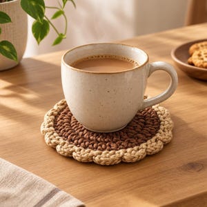 May include: A round, two-toned crochet coaster featuring a dark brown center and a scalloped, light beige border. The coaster is crafted from thick yarn and supports a speckled, off-white ceramic mug filled with a light brown beverage.