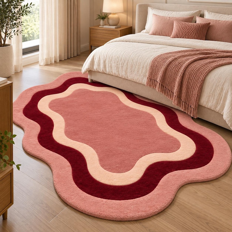 Hand Tufted Wool Shaped Rug, Abstract Wavy Pink Burgundy Cream Area Rug ...