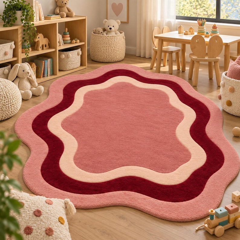 Hand Tufted Wool Shaped Rug, Abstract Wavy Pink Burgundy Cream Area Rug ...