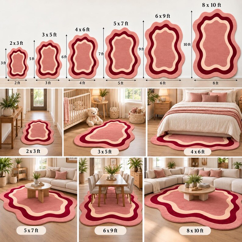 Hand Tufted Wool Shaped Rug, Abstract Wavy Pink Burgundy Cream Area Rug ...