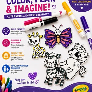 Peut inclure: Un ensemble Crayola Color, Play, & Imagine comprenant quatre figurines d'animaux découpées, dont une girafe, un papillon, un zèbre et une licorne. L'ensemble inclut plusieurs marqueurs colorés et le texte Color, Play, & Imagine! Cute Animals, Endless Creativity.