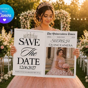 Op de afbeelding: Een rechthoekig Save the Date-bord ontworpen als een krant met de titel The Quinceañera Times. Het bevat een kroongrafiek, de tekst Save The Date 12.06.2027 en een foto van een persoon in een roze jurk met de tekst Sarah Quinceanera.