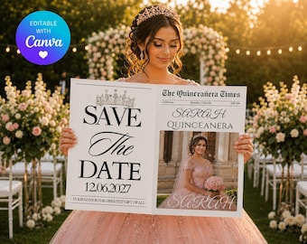 Quinceanera Save the Date Newspaper | Editable Canva Template | Sweet 15 Photoshoot Announcement Invite | Quinceanera Photoshoot Newspaper