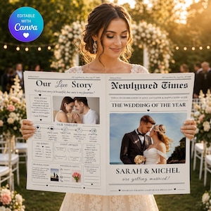 Peut inclure: Un modèle de journal personnalisé intitulé Newlywed Times sur le thème du mariage. La mise en page comprend des sections pour une histoire d'amour, une chronologie et des photos de couple. Le texte inclut Our Love Story et Sarah & Michel.