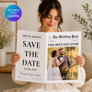 セーブ・ザ・デート新聞テンプレート｜編集可能なCanva婚約発表｜未来のミスター＆ミセス｜ウェディングポスト新聞フォトシューティング小道具