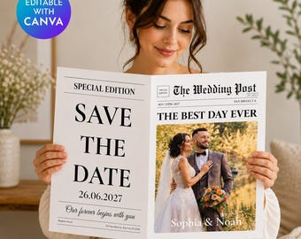 Save the Date Newspaper Template | Editable Canva Engagement Announcement | Future Mr and Mrs | The Wedding Post Newspaper Photoshoot Prop