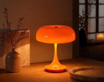 Lámpara de mesa Japandi con forma de hongo, lámpara de noche LED, luz nocturna regulable al tacto, lámpara de escritorio moderna de color naranja, decoración minimalista para el hogar.