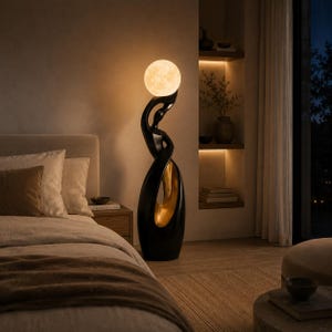 Puede incluir: Una lámpara de pie alta con una base escultórica negra, abstracta y curva con un interior dorado. La parte superior de la escultura sostiene una luminaria esférica brillante con una superficie texturizada que recuerda a la luna.