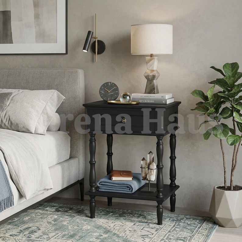Bedside Table Set of 2 with Charging Station, Retro Wood Nightstand with Drawer and Open Shelf | Small Vintage Bedside Table with USB and AC Outlets | Bedroom Living Room Set