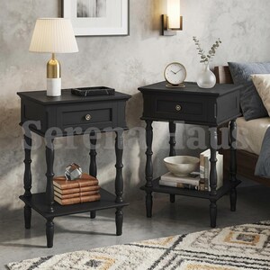 Bedside Table Set of 2 with Charging Station, Retro Wood Nightstand with Drawer and Open Shelf | Small Vintage Bedside Table with USB and AC Outlets | Bedroom Living Room Set