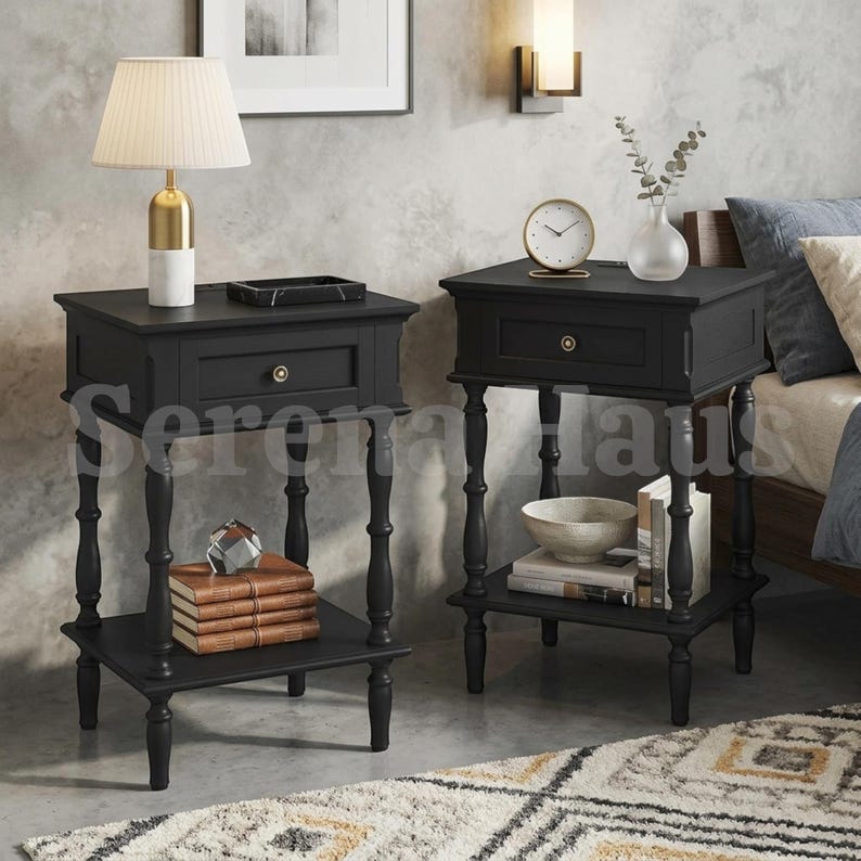 Bedside Table Set of 2 with Charging Station, Retro Wood Nightstand with Drawer and Open Shelf | Small Vintage Bedside Table with USB and AC Outlets | Bedroom Living Room Set
