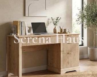 Escritorio para computadora con cajones, escritorio ejecutivo estriado con cajón para archivos, escritorio de madera para oficina en casa con almacenamiento.