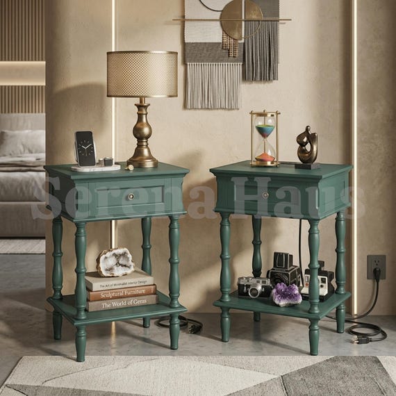 Bedside Table Set of 2 with Charging Station, Retro Wood Nightstand with Drawer and Open Shelf, Small Bedside Table with USB and AC Outlets
