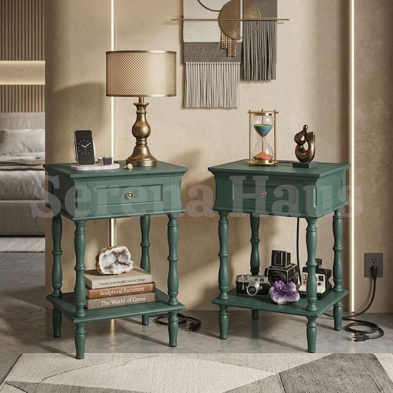 Bedside Table Set of 2 with Charging Station, Retro Wood Nightstand with Drawer and Open Shelf | Small Vintage Bedside Table with USB and AC Outlets | Bedroom Living Room Set