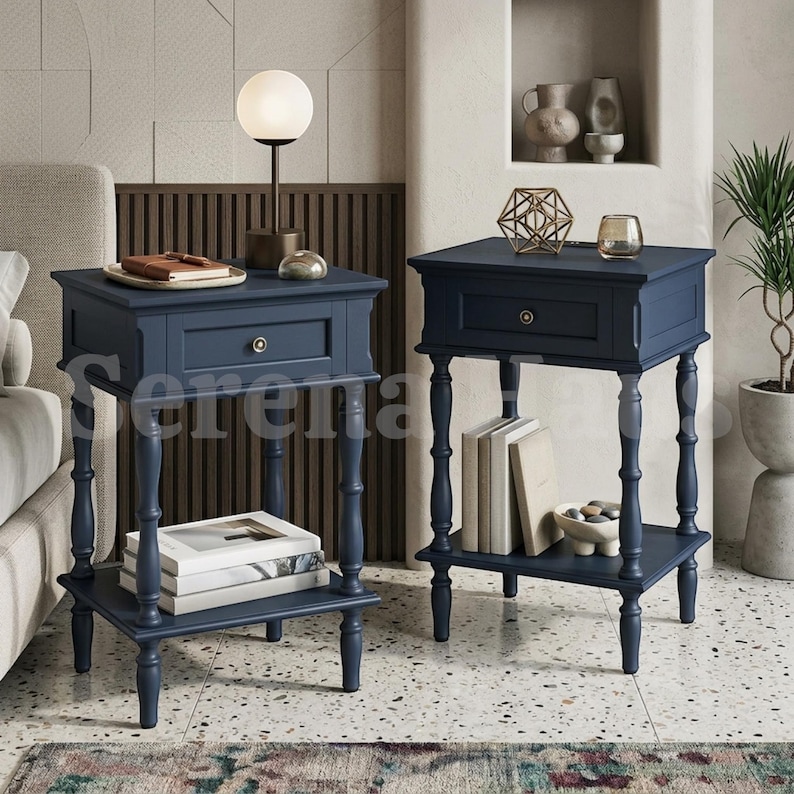 Bedside Table Set of 2 with Charging Station, Retro Wood Nightstand with Drawer and Open Shelf | Small Vintage Bedside Table with USB and AC Outlets | Bedroom Living Room Set