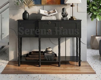 Slim Console Table with Drawers and Doors, Retro Narrow Sofa Table with Open Shelf  Entryway Table for Living Room Hallway and Foyer