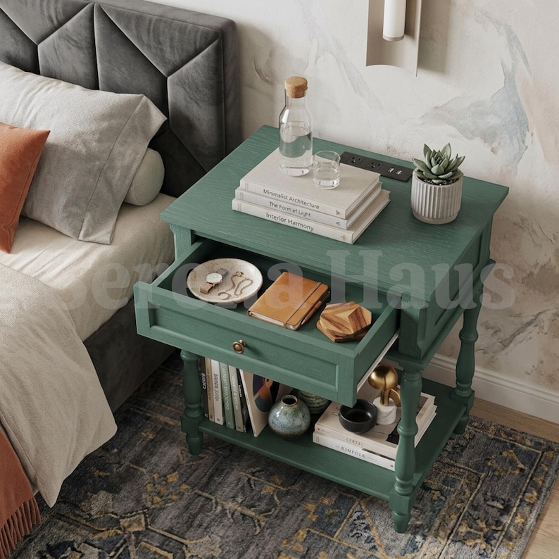 Bedside Table Set of 2 with Charging Station, Retro Wood Nightstand with Drawer and Open Shelf | Small Vintage Bedside Table with USB and AC Outlets | Bedroom Living Room Set