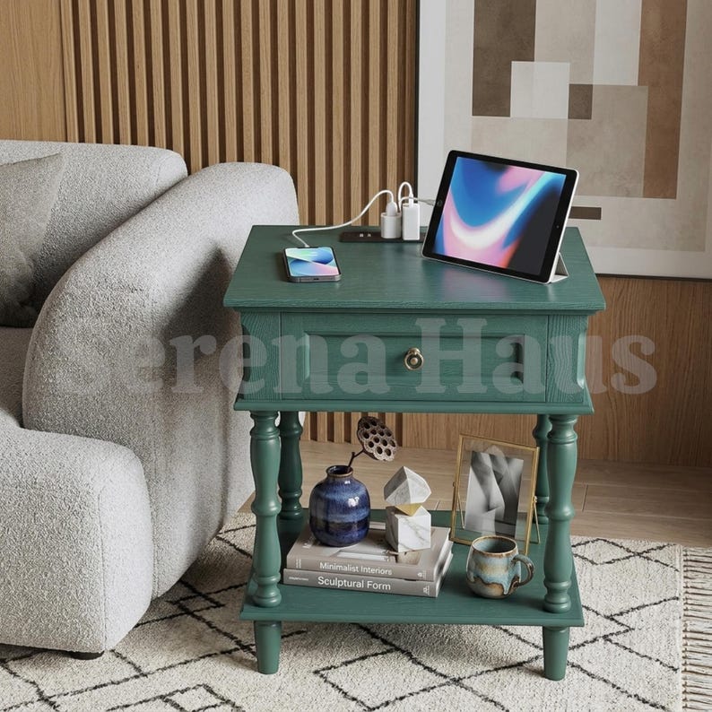 Bedside Table Set of 2 with Charging Station, Retro Wood Nightstand with Drawer and Open Shelf | Small Vintage Bedside Table with USB and AC Outlets | Bedroom Living Room Set