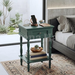Bedside Table Set of 2 with Charging Station, Retro Wood Nightstand with Drawer and Open Shelf | Small Vintage Bedside Table with USB and AC Outlets | Bedroom Living Room Set