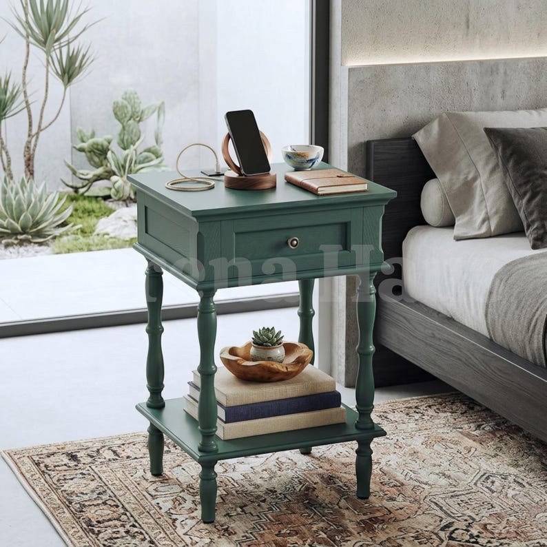 Bedside Table Set of 2 with Charging Station, Retro Wood Nightstand with Drawer and Open Shelf | Small Vintage Bedside Table with USB and AC Outlets | Bedroom Living Room Set