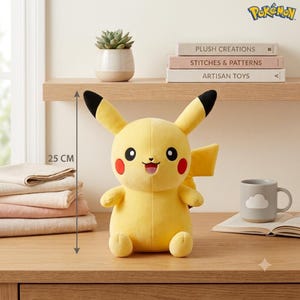 May include: A yellow Pikachu plush toy with black-tipped ears, red cheeks, and a lightning bolt-shaped tail. The plush features a smiling expression with an open mouth. A vertical measurement indicator clearly shows a height of 25 cm.