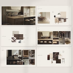 Könnte beinhalten: Ein digitales Präsentationsboard mit sechs Seiten voller Innenarchitekturkonzepte. Die Seiten zeigen verschiedene Küchen- und Esszimmerlayouts, Materialmuster, Möbelstücke, Beleuchtungskörper und Farbpaletten in Braun-, Creme- und Schwarztönen.