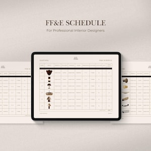 Puede incluir: Una plantilla digital de cronograma FF&E para diseñadores de interiores profesionales mostrada en una pantalla de tableta, con columnas y filas organizadas para especificaciones de plomería, iluminación y herrajes en un diseño beige y marrón oscuro.