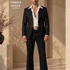 Mens 70s Vintage Black Patterned Suit | Retro 2 Piece Suit with Flared Bell Bottom Pants | Wide Lapel Disco Groom Outfit