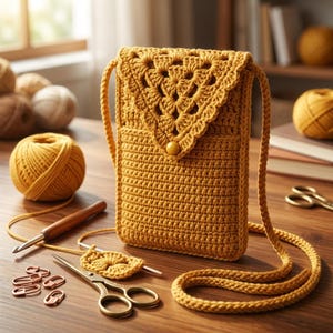 May include: A mustard yellow crochet crossbody bag featuring a triangular flap with an openwork pattern and a single button closure. The bag has a long, braided strap and a textured body made from yarn, showcasing a handmade construction style.