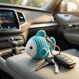 May include: A light blue and white crocheted fish keychain with a small black bead eye, attached to a gold-toned metal ring and lobster clasp, holding two silver-colored metal keys and a black plastic car key fob with three buttons.