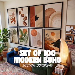 May include: A set of eight framed wall art prints featuring abstract designs, including birds, coffee beans, a cat silhouette, suns, arches, and landscapes in warm earth tones, with the text SET OF 100 MODERN BOHO INSTANT DOWNLOAD.