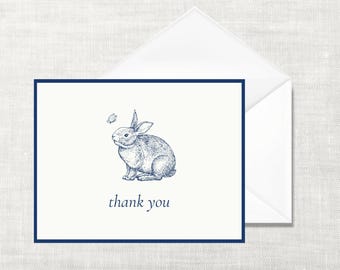 Vintage Engraved Rabbit Thank You Cards | Navy Woodland Bunny Stationery (10 Pack)