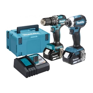 May include: A Makita cordless power tool set featuring a teal and black drill-driver and an impact driver, both with 18V batteries attached. Includes a black battery charger and a teal plastic carrying case with the Makita logo printed on the front.